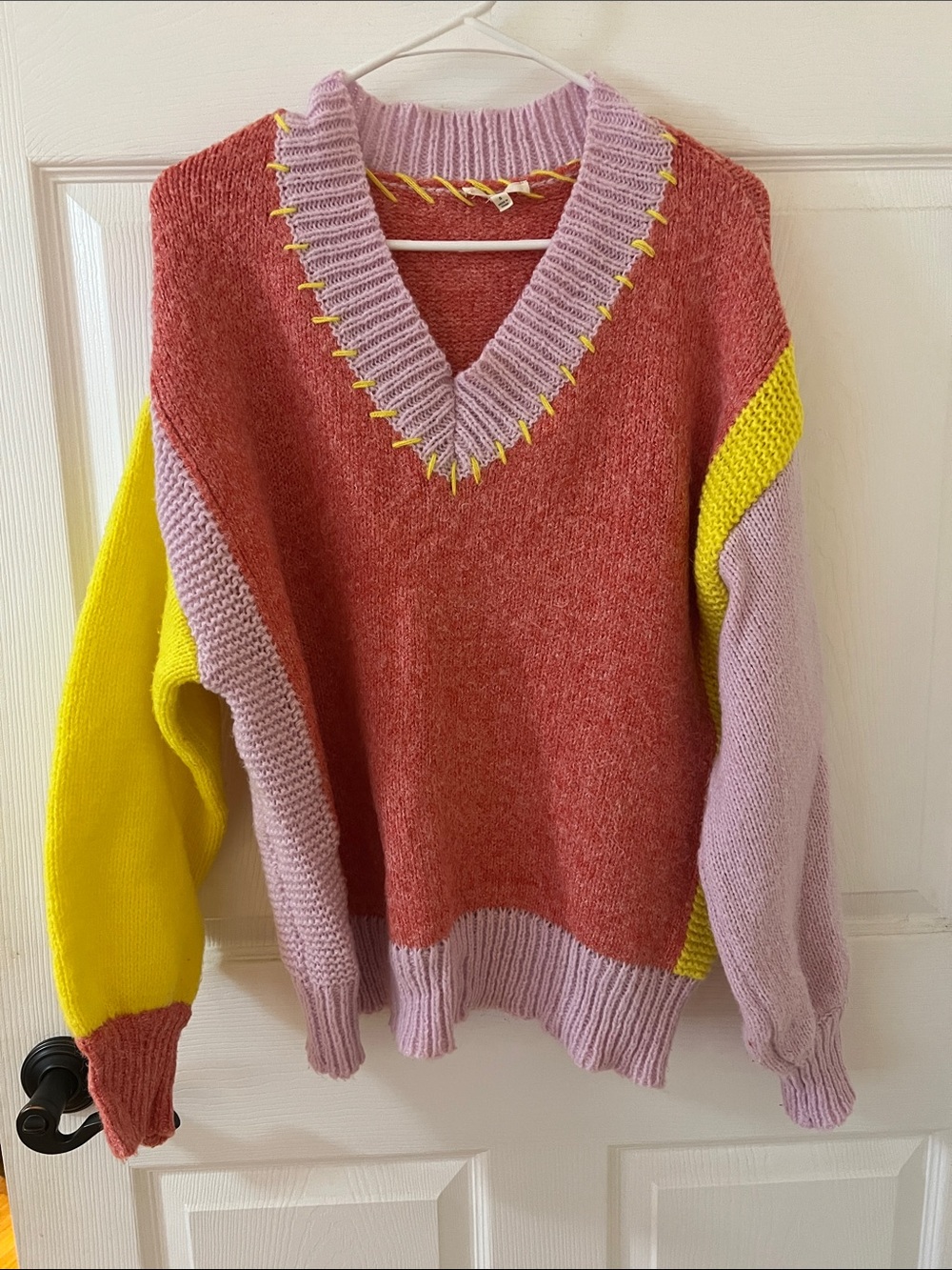 easel Colorblock V-Neck Sweater in Rose, Lilac & Yellow